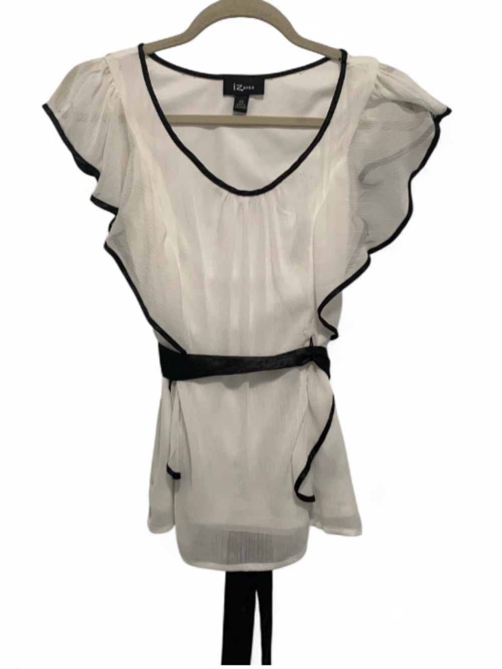 Y2K Iz Byer White Blouse with Black Trim and Belt